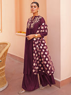 Janasya Women's Purple Chanderi Embellished Festive A-line Kurta Set