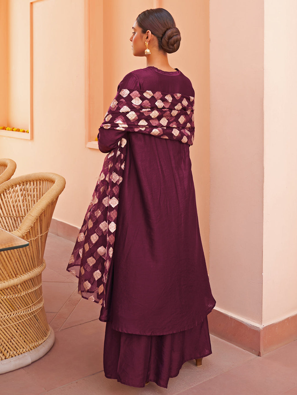 Janasya Women's Purple Chanderi Embellished Festive A-line Kurta Set