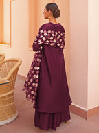 Janasya Women's Purple Chanderi Embellished Festive A-line Kurta Set