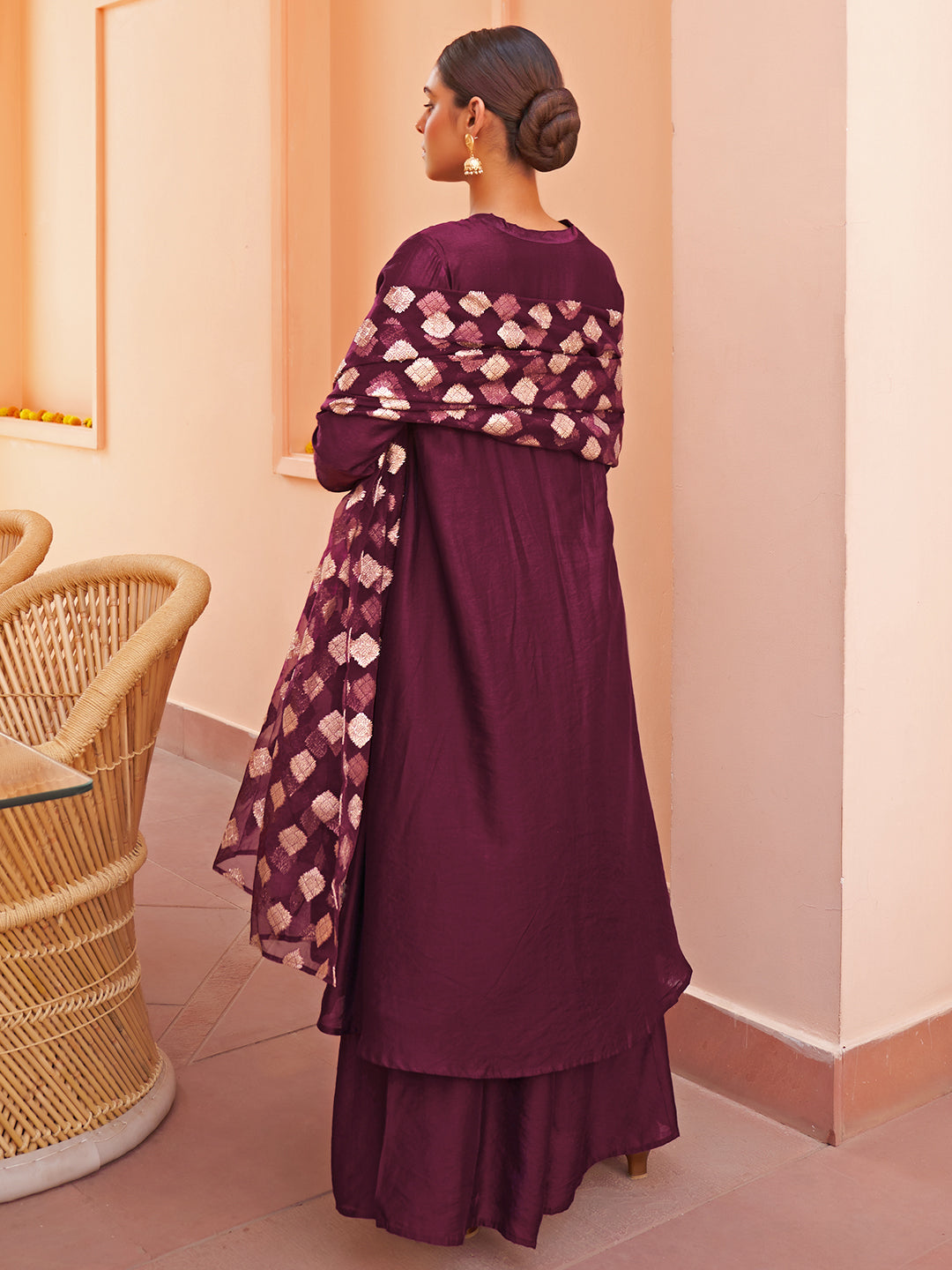 Janasya Women's Purple Chanderi Embellished Festive A-line Kurta Set