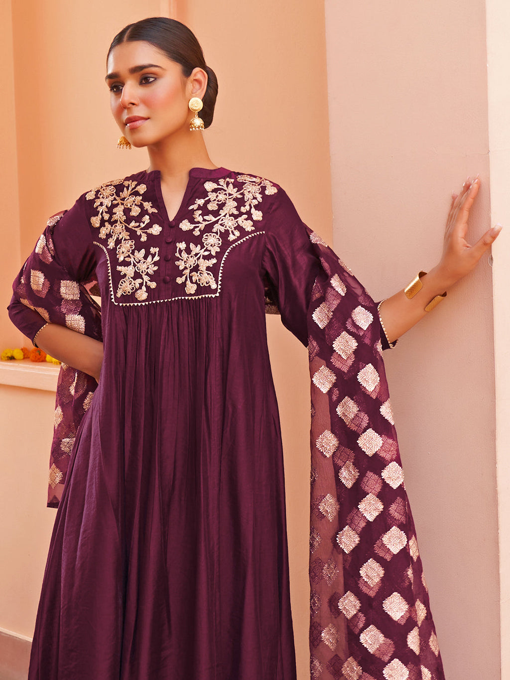 Janasya Women's Purple Chanderi Embellished Festive A-line Kurta Set