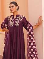 Janasya Women's Purple Chanderi Embellished Festive A-line Kurta Set