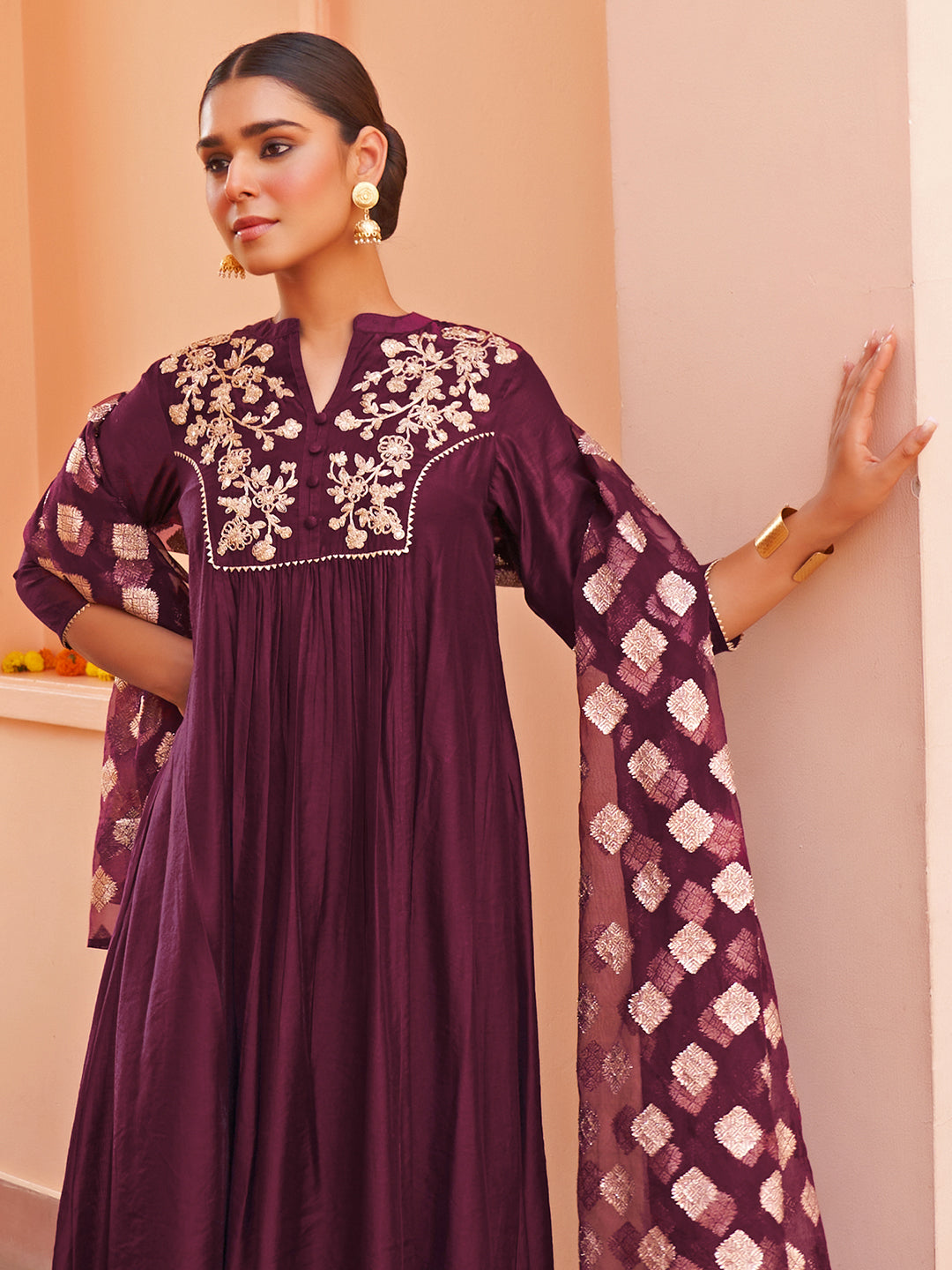 Janasya Women's Purple Chanderi Embellished Festive A-line Kurta Set
