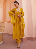 Janasya Women's Mustard Chanderi Emabellished Festive A-line Kurta Set