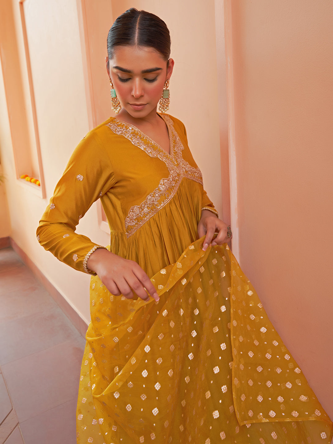 Janasya Women's Mustard Chanderi Emabellished Festive A-line Kurta Set