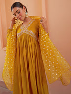 Janasya Women's Mustard Chanderi Emabellished Festive A-line Kurta Set