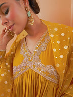 Janasya Women's Mustard Chanderi Emabellished Festive A-line Kurta Set