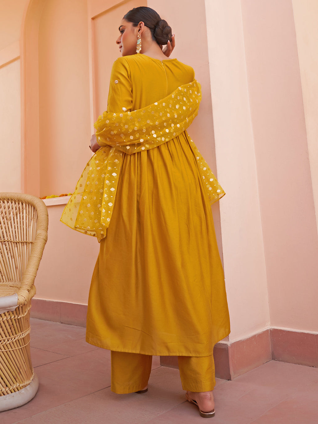 Janasya Women's Mustard Chanderi Emabellished Festive A-line Kurta Set