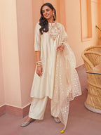Janasya Women's Off White Chanderi Yoke Embroidery Festive Straight Kurta Set