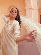 Janasya Women's Off White Chanderi Yoke Embroidery Festive Straight Kurta Set
