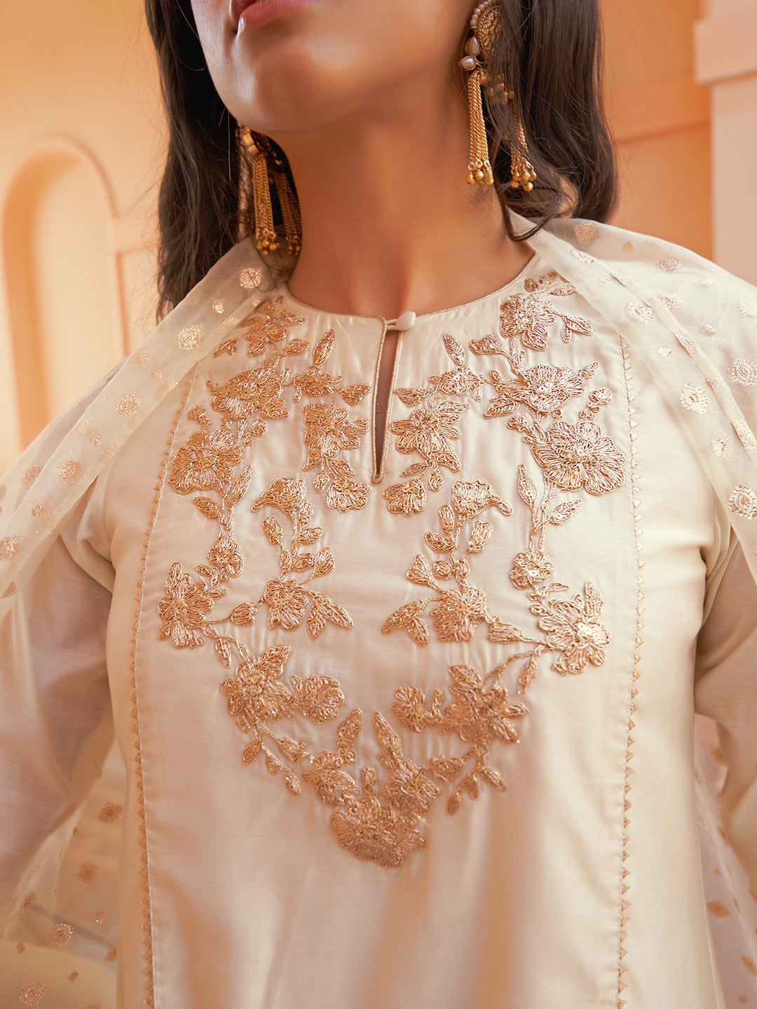 Janasya Women's Off White Chanderi Yoke Embroidery Festive Straight Kurta Set