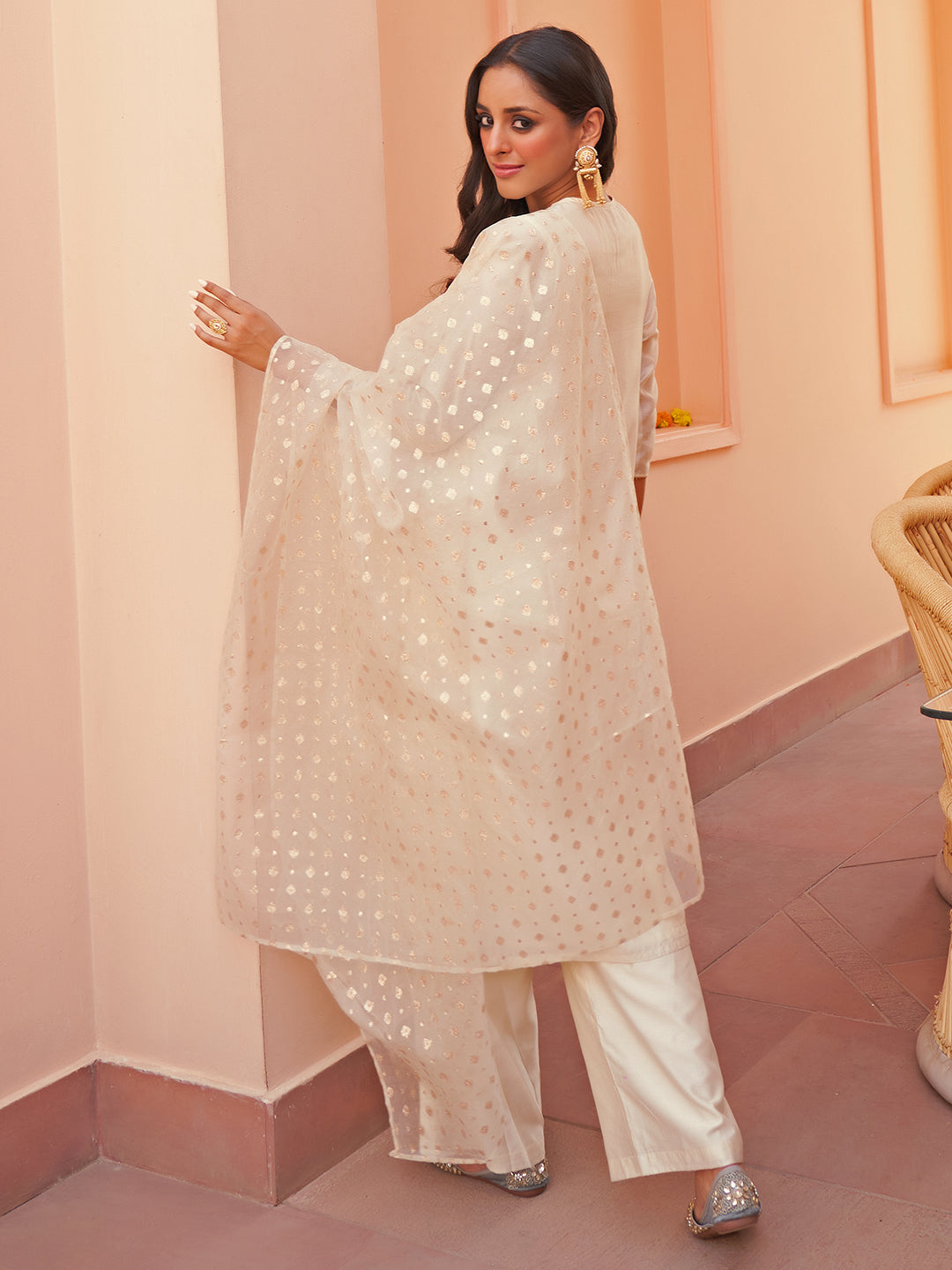 Janasya Women's Off White Chanderi Yoke Embroidery Festive Straight Kurta Set