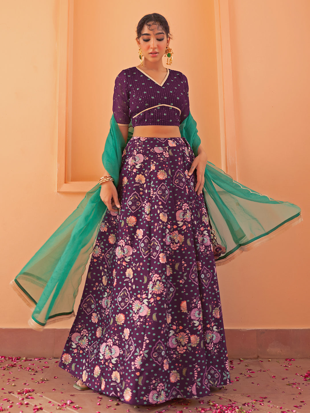Janasya Purple Georgette Digital Floral Printed Festive Lehenga Choli