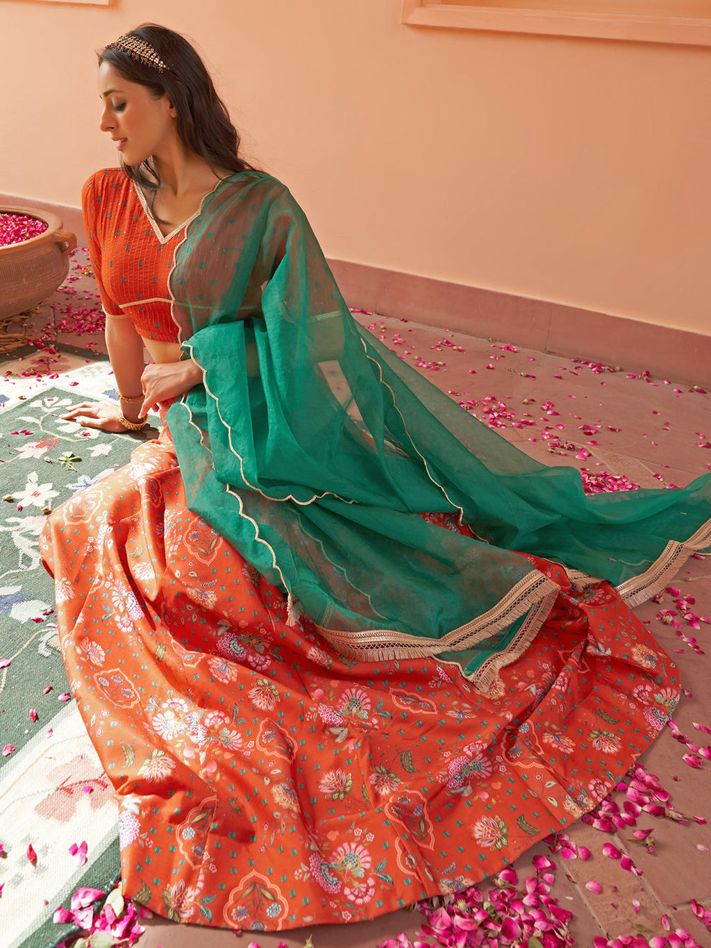 Janasya Orange Georgette Digital Floral Printed Festive Lehenga Choli