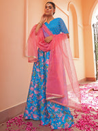 Janasya Blue Georgette Digital Floral Printed Festive Lehenga Choli