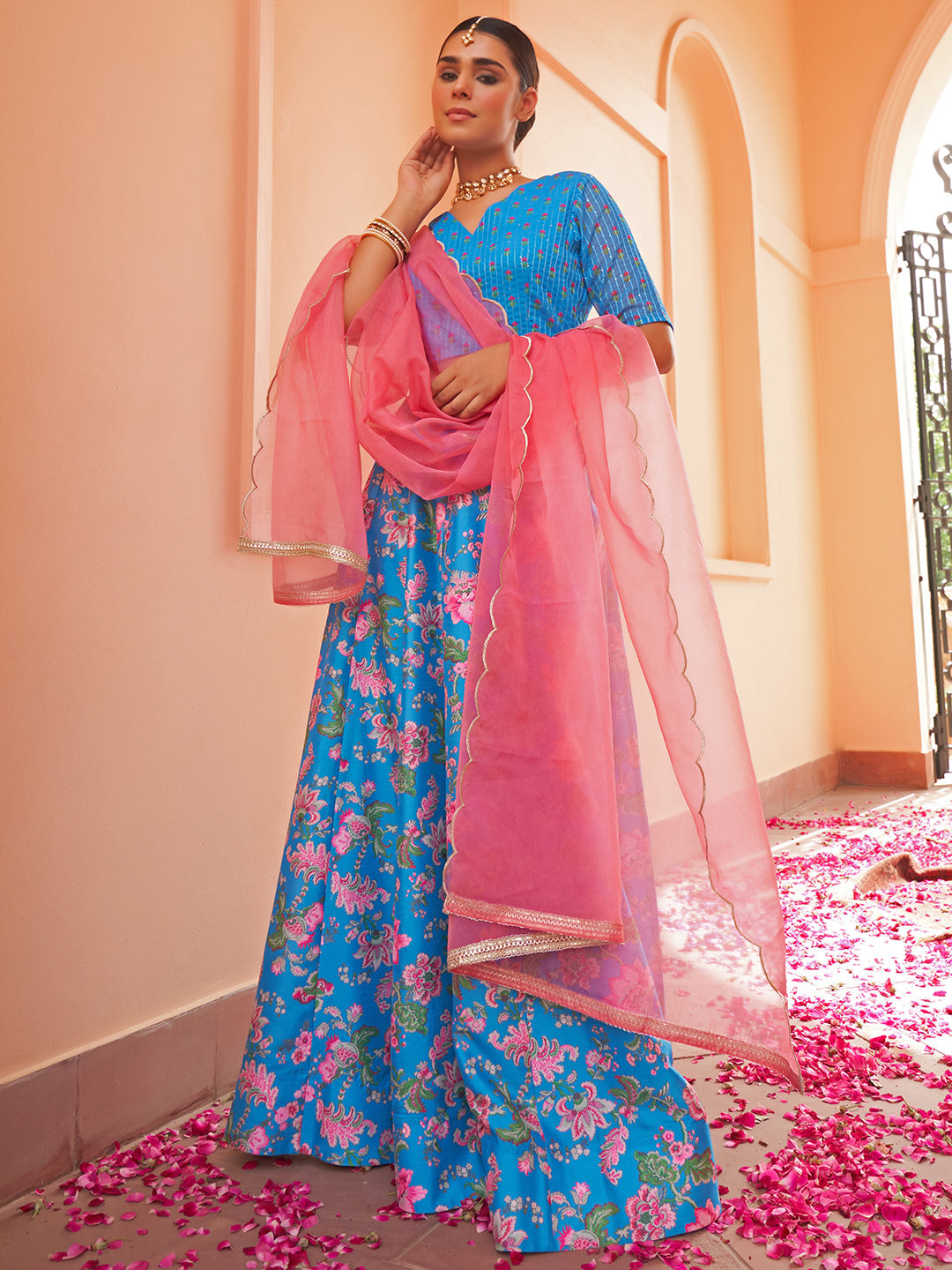 Janasya Blue Georgette Digital Floral Printed Festive Lehenga Choli