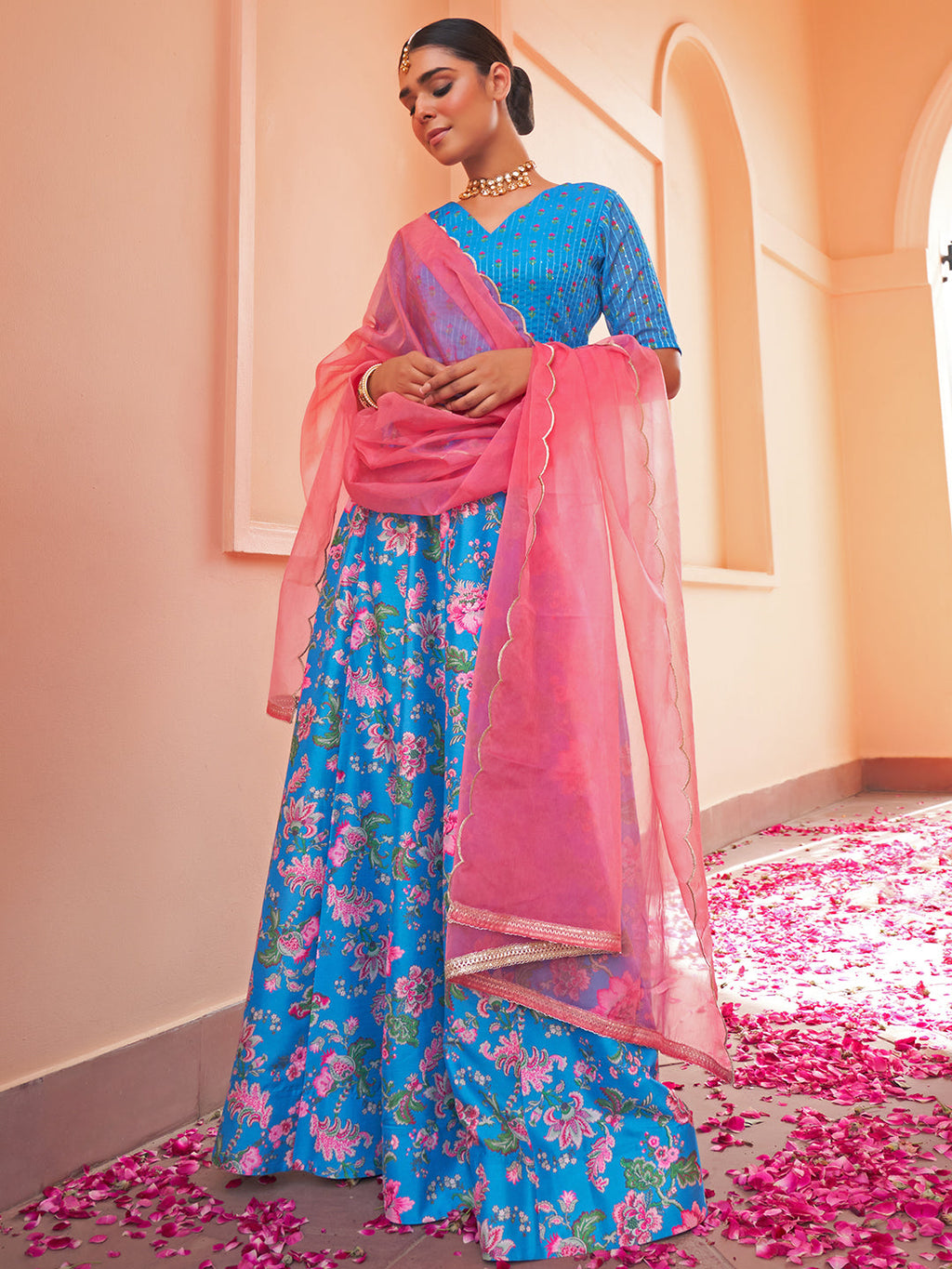 Janasya Blue Georgette Digital Floral Printed Festive Lehenga Choli