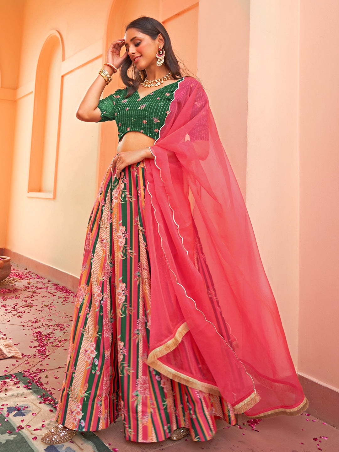 Janasya Green Georgette Digital Floral Printed Festive Lehenga Choli