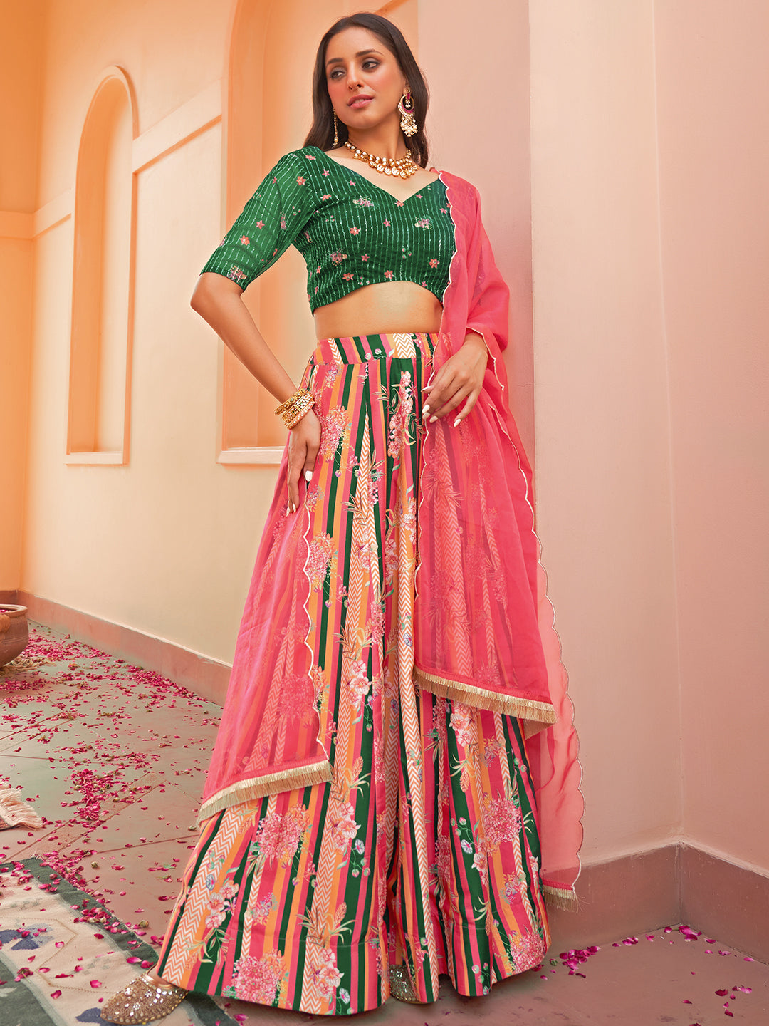 Janasya Green Georgette Digital Floral Printed Festive Lehenga Choli