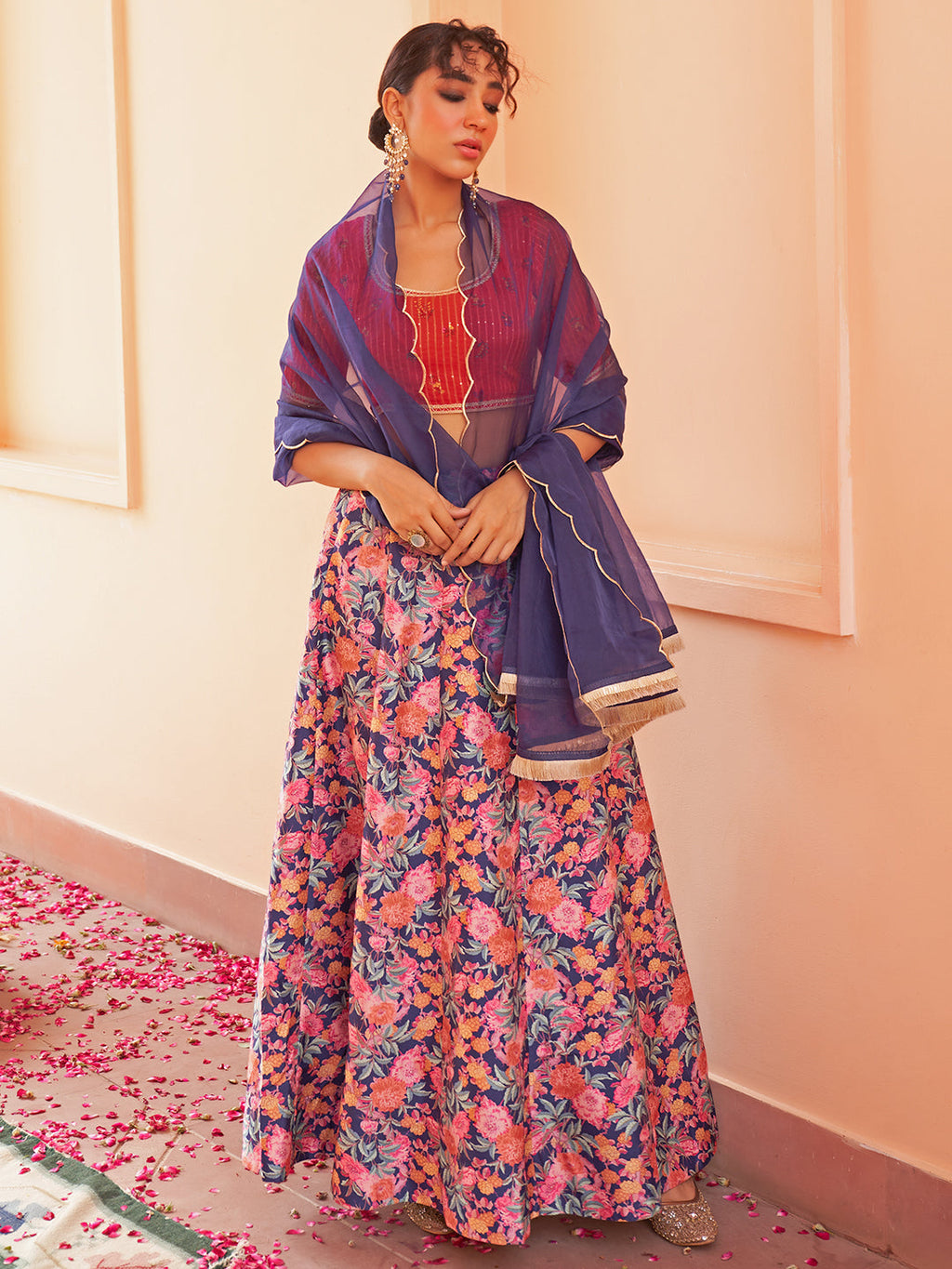 Janasya Red Georgette Digital Floral Printed Festive Lehenga Choli