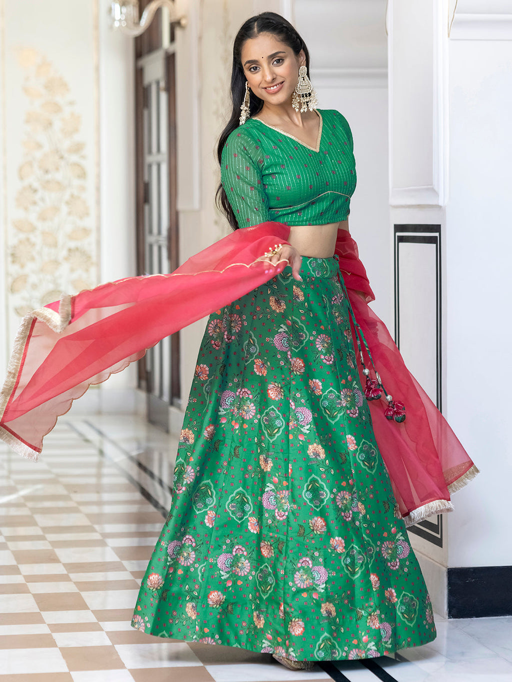 Janasya Green Georgette Digital Floral Printed Festive Lehenga Choli
