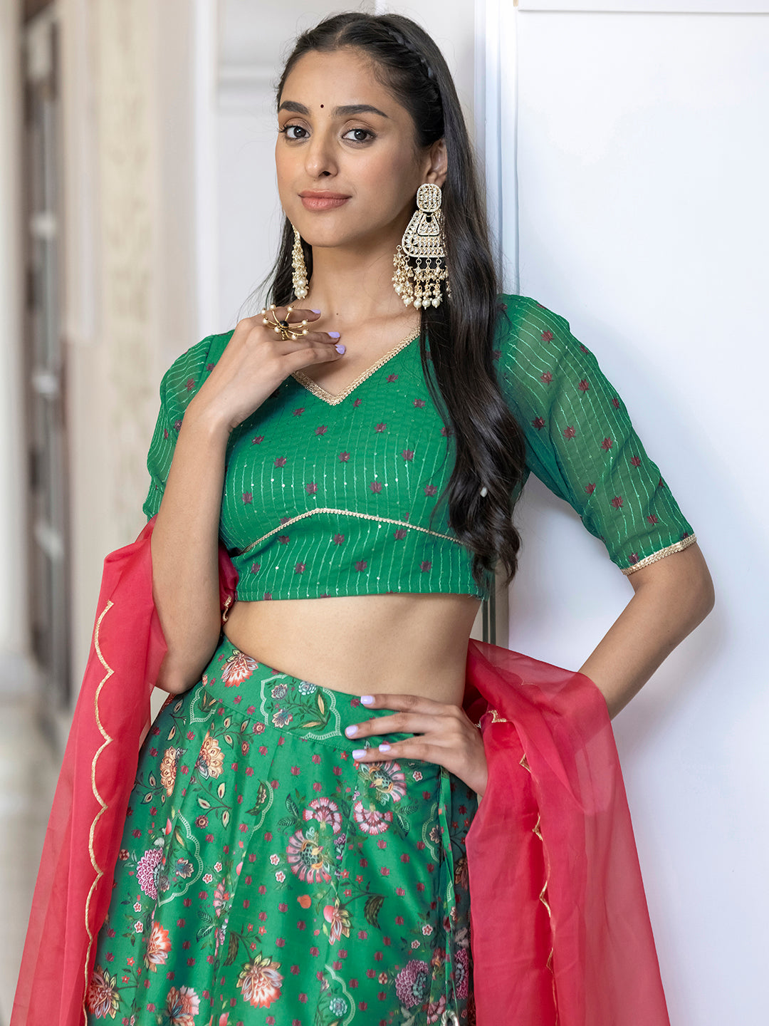 Janasya Green Georgette Digital Floral Printed Festive Lehenga Choli