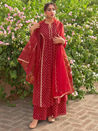 Janasya Women's Maroon Georgette Foil Motif Printed Festive A-line Kurta Set
