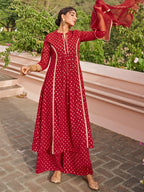 Janasya Women's Maroon Georgette Foil Motif Printed Festive A-line Kurta Set