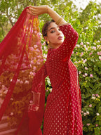 Janasya Women's Maroon Georgette Foil Motif Printed Festive A-line Kurta Set