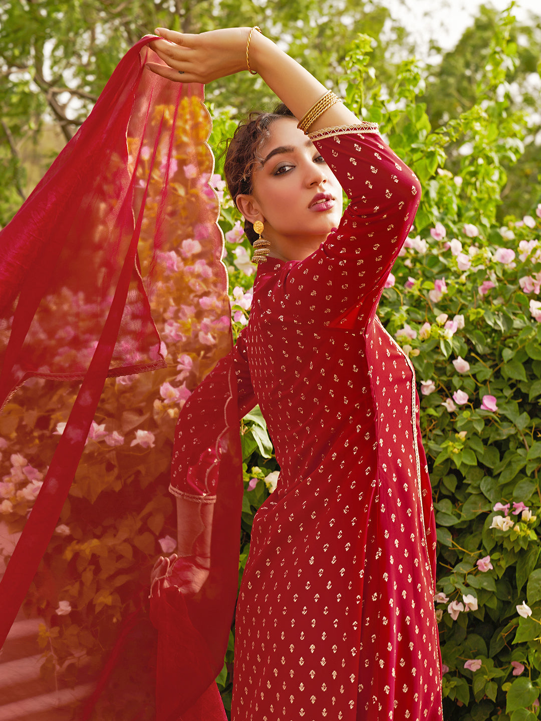 Janasya Women's Maroon Georgette Foil Motif Printed Festive A-line Kurta Set