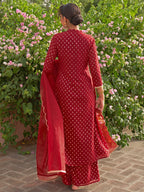 Janasya Women's Maroon Georgette Foil Motif Printed Festive A-line Kurta Set