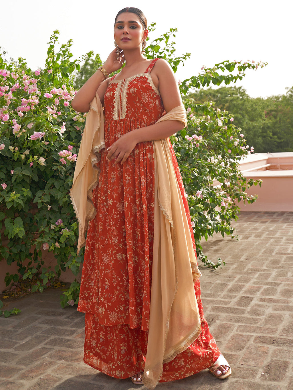 Janasya Women's Red Georgette Embellished Festive A-line Kurta Set