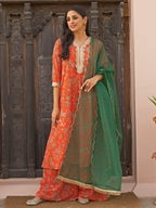 Janasya Women's Orange Georgette Botanical Printed Festive A-line Kurta Set