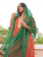 Janasya Women's Orange Georgette Botanical Printed Festive A-line Kurta Set