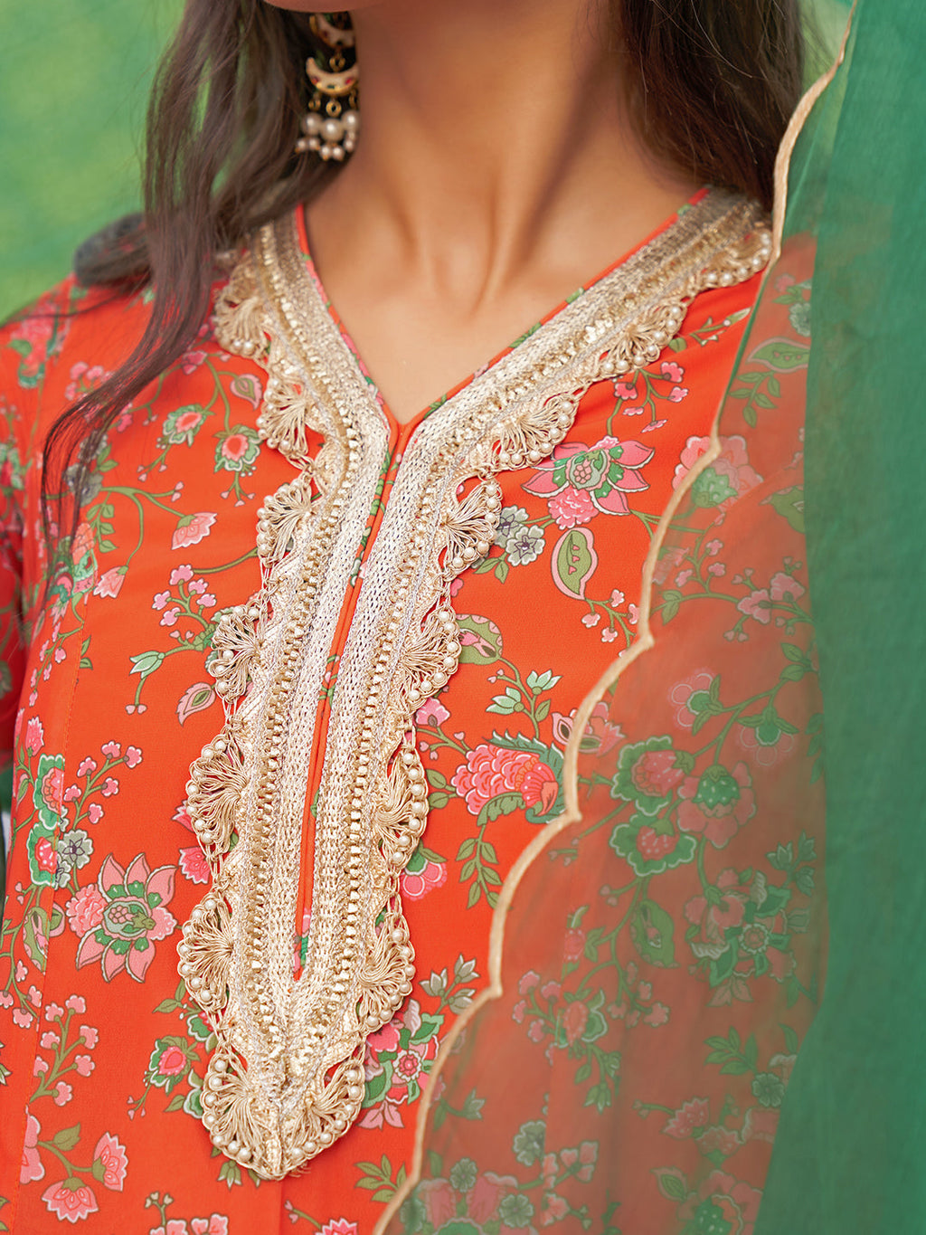 Janasya Women's Orange Georgette Botanical Printed Festive A-line Kurta Set