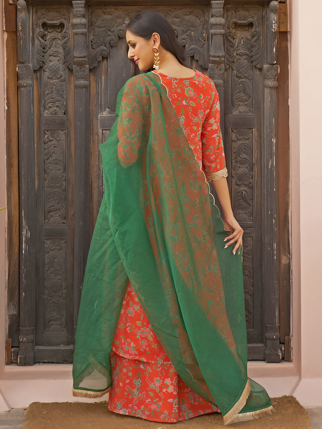 Janasya Women's Orange Georgette Botanical Printed Festive A-line Kurta Set