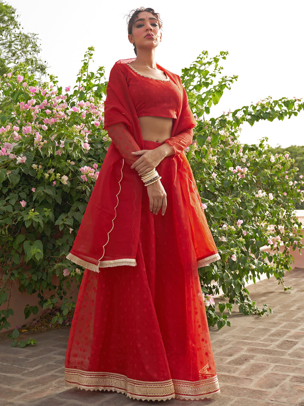 Janasya Red Organza Woven Design Festive Lehenga Choli