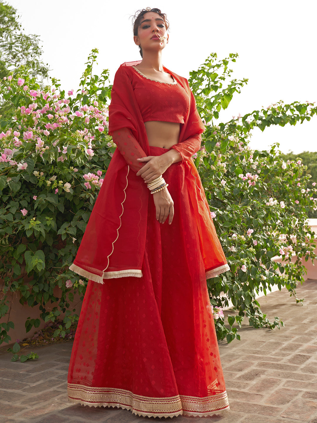 Janasya Red Organza Woven Design Festive Lehenga Choli