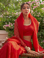 Janasya Red Organza Woven Design Festive Lehenga Choli