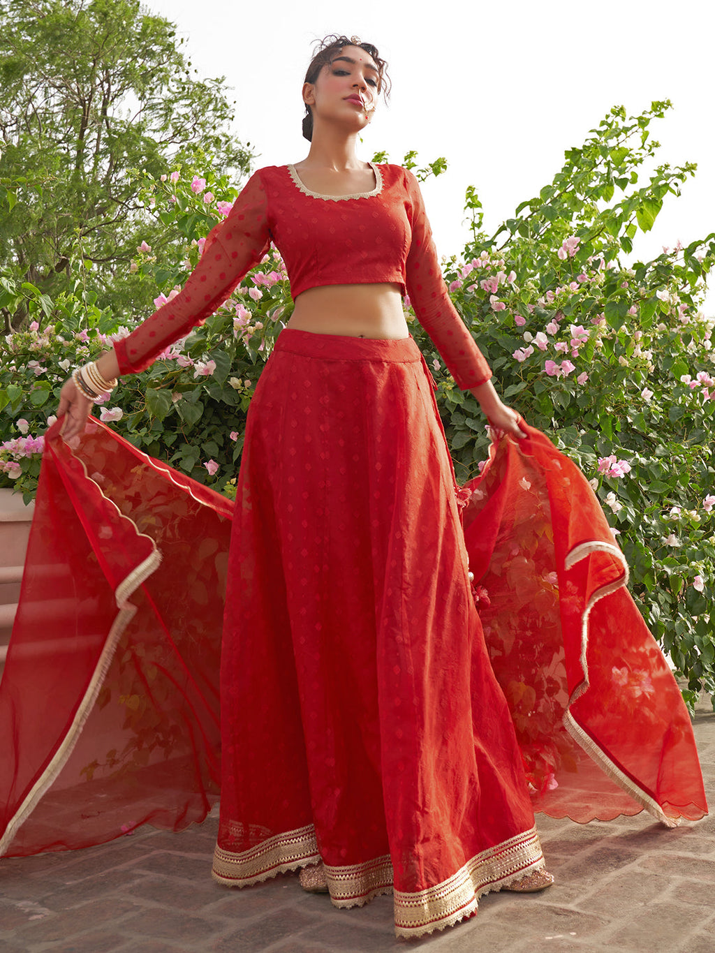 Janasya Red Organza Woven Design Festive Lehenga Choli