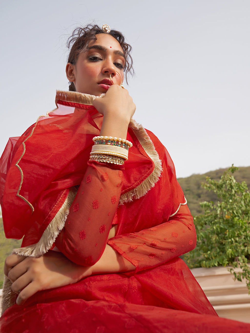 Janasya Red Organza Woven Design Festive Lehenga Choli