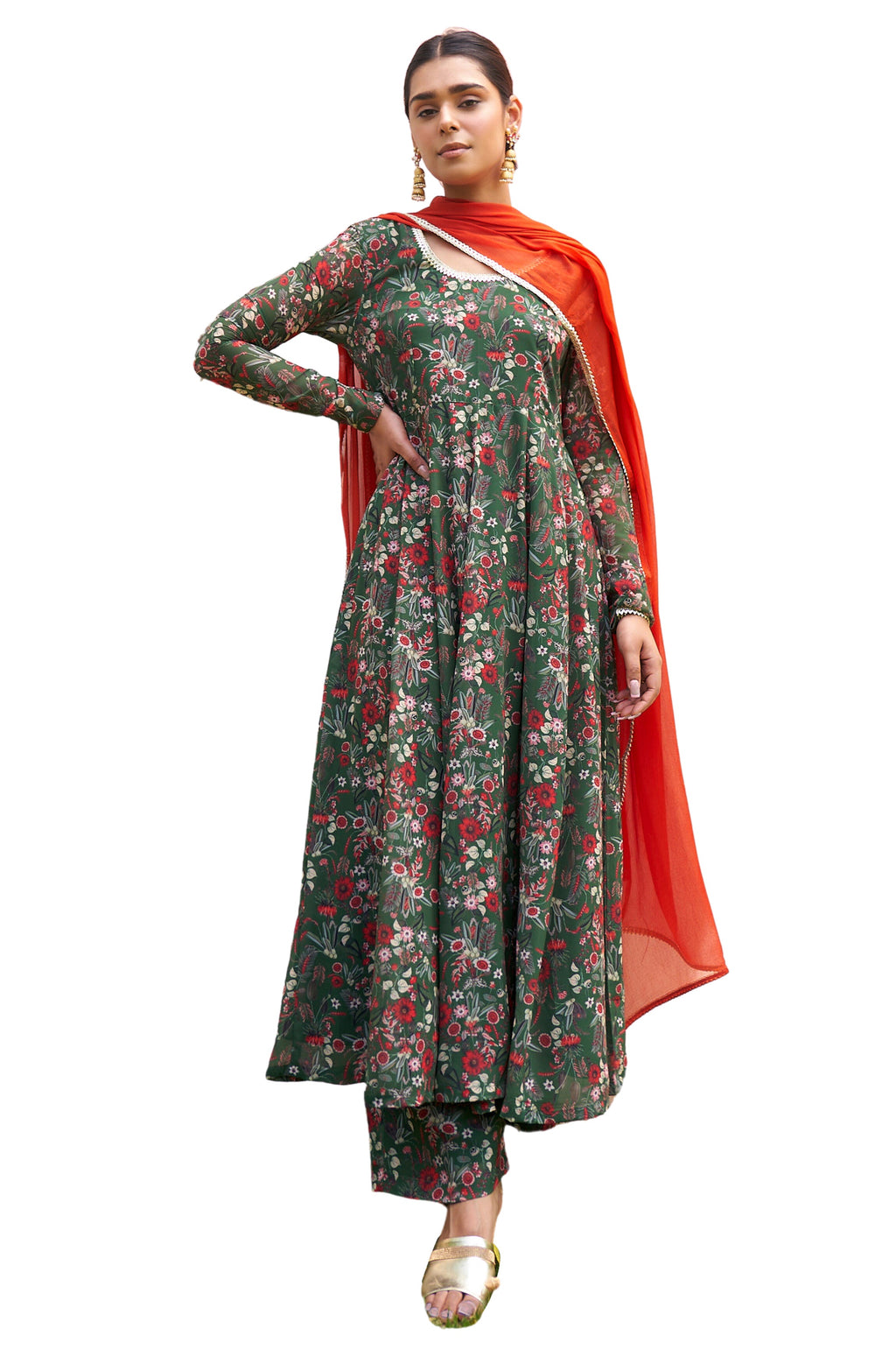 Janasya Bottle Green Georgette Digital Floral Printed Set