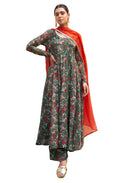 Janasya Bottle Green Georgette Digital Floral Printed Set