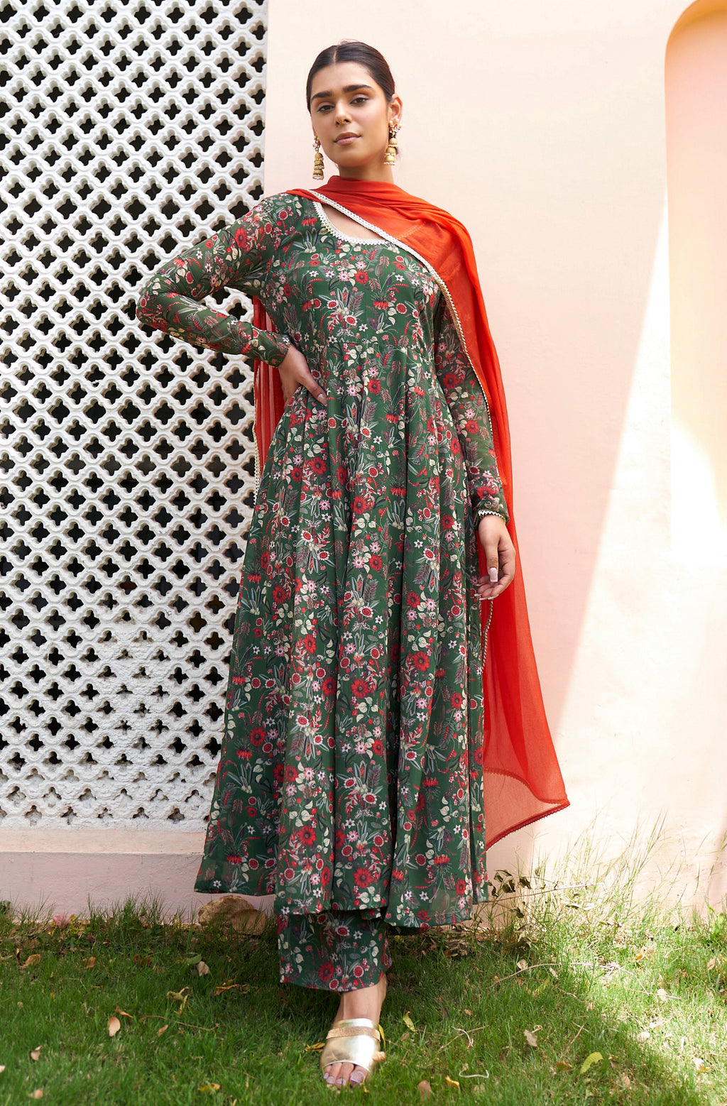 Janasya Bottle Green Georgette Digital Floral Printed Set