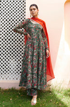 Janasya Bottle Green Georgette Digital Floral Printed Set