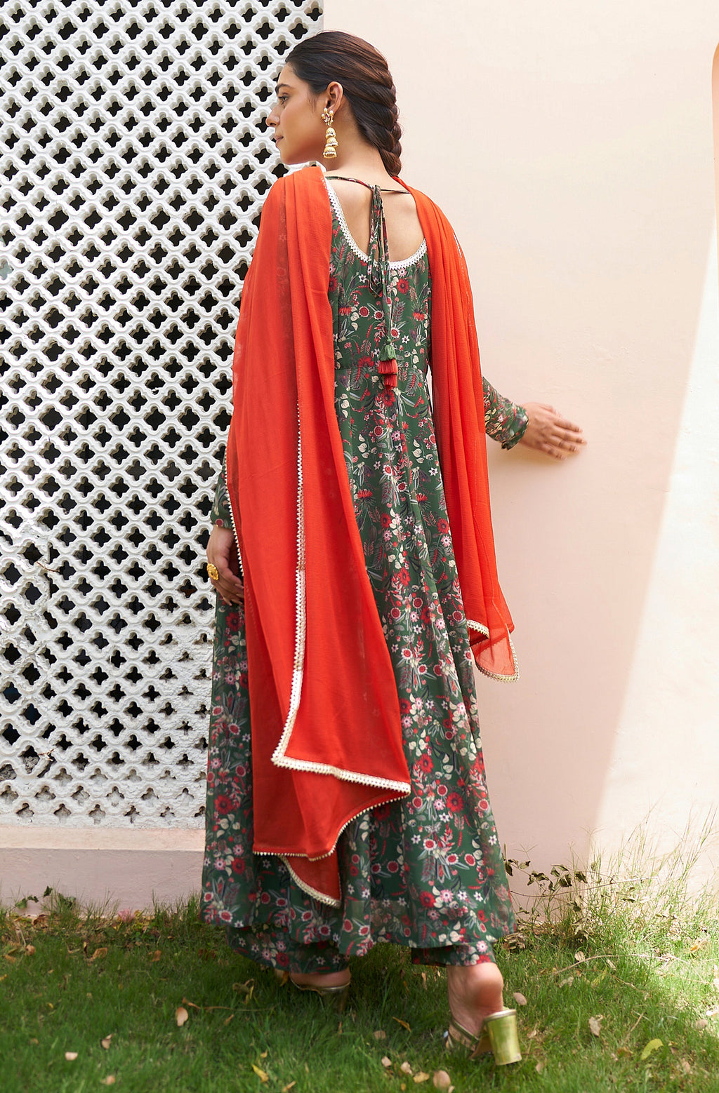 Janasya Bottle Green Georgette Digital Floral Printed Set