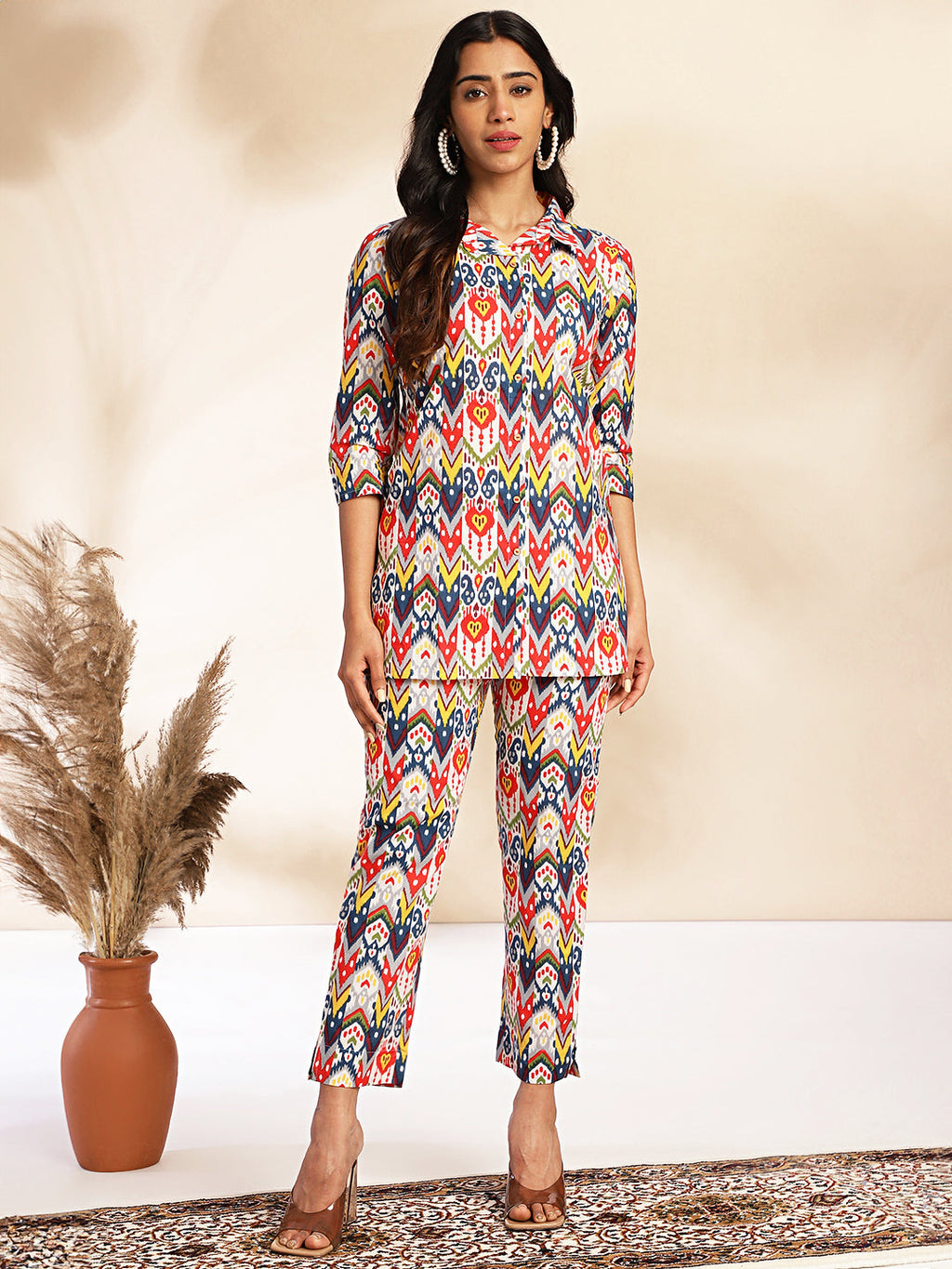 Janasya Multicolor Cotton Ikat Printed Set