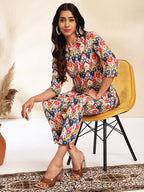 Janasya Multicolor Cotton Ikat Printed Set