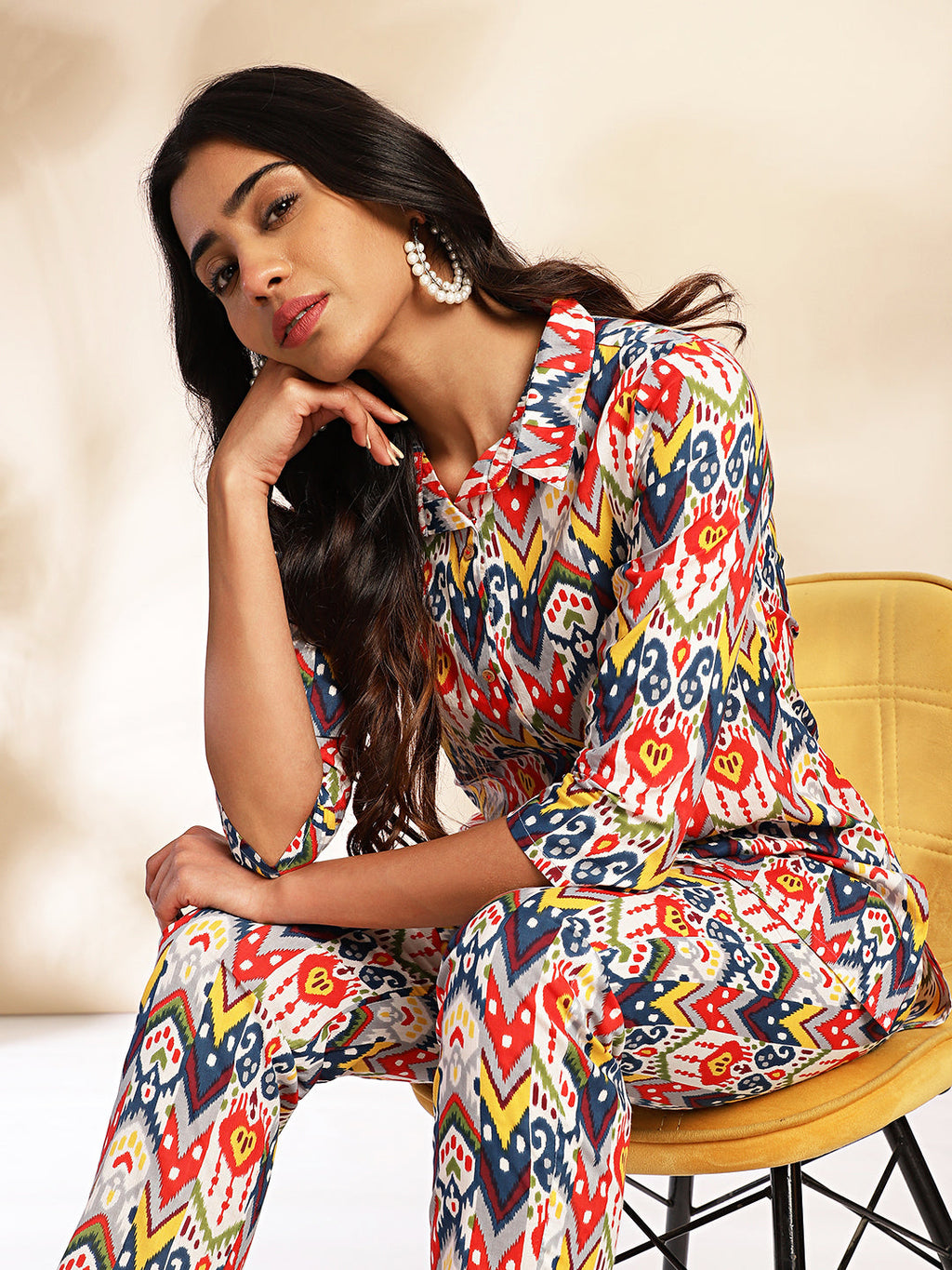 Janasya Multicolor Cotton Ikat Printed Set
