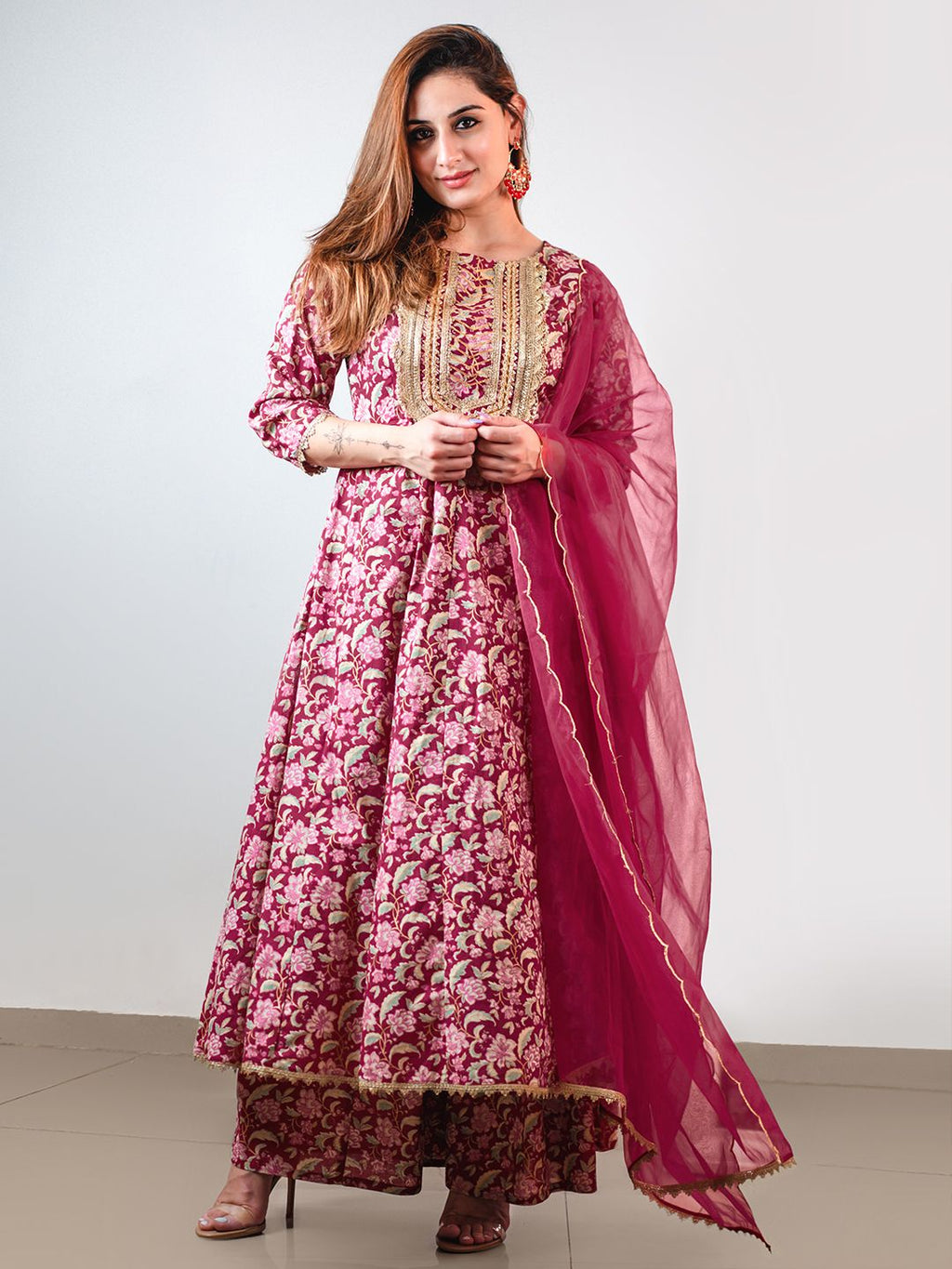 Janasya Pink Cotton Foil Floral Printed Set
